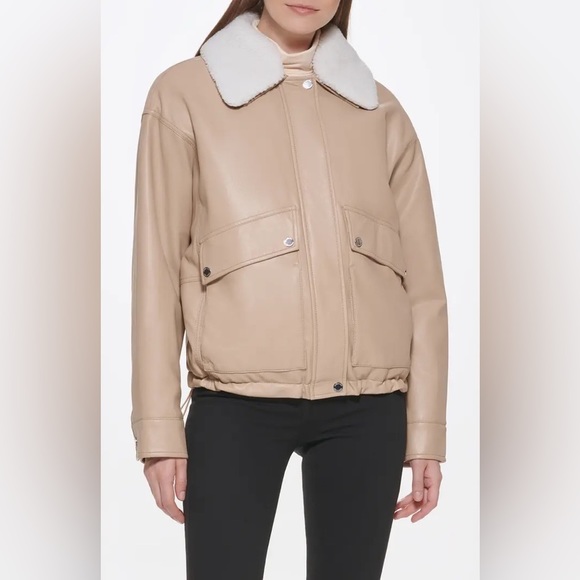 NWT KENNETH COLE NEW YORK BATWING FAUX SHEARLING COLLARED FAUX LEATHER COAT